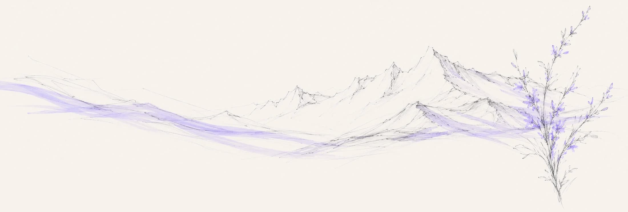 Bleistiftskizze: eine weite Bergkette über einem stillen See, am rechten Rand ein hoher Lavendelzweig