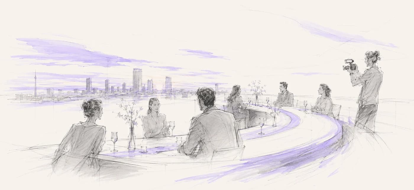 Bleistiftskizze: Dachterrasse über der Skyline, Gäste an einer geschwungenen Tafel, eine Kamera im Bild