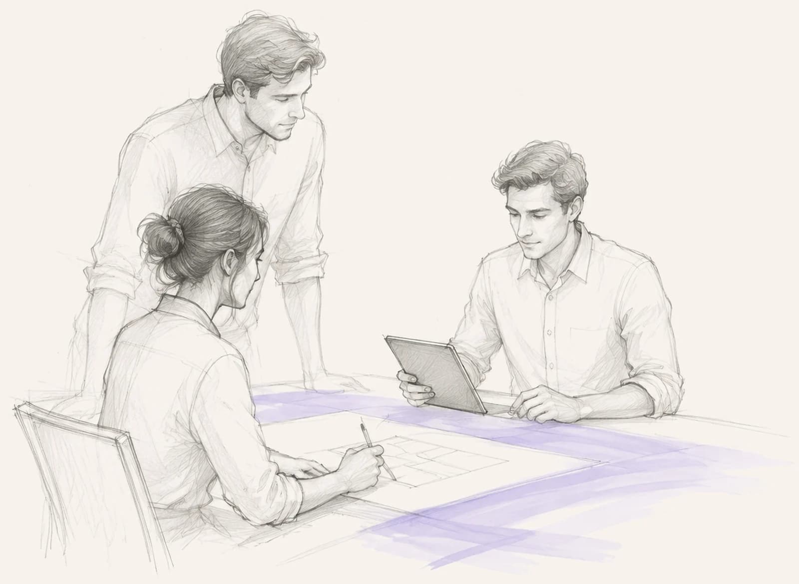 Bleistiftskizze: drei Personen an einem Tisch über Plänen und einem Tablet